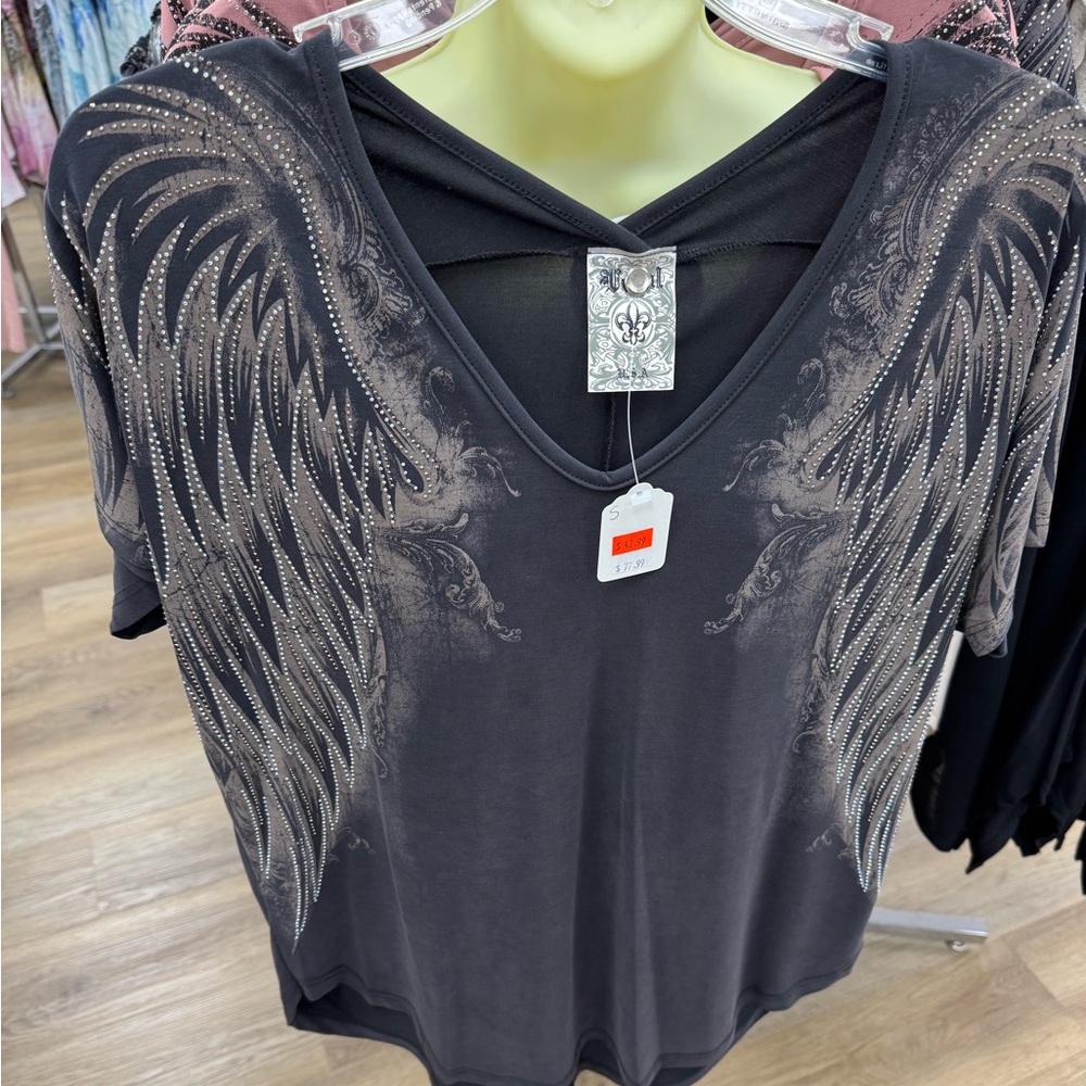 Black V-Neck T-Shirt with Wing Design